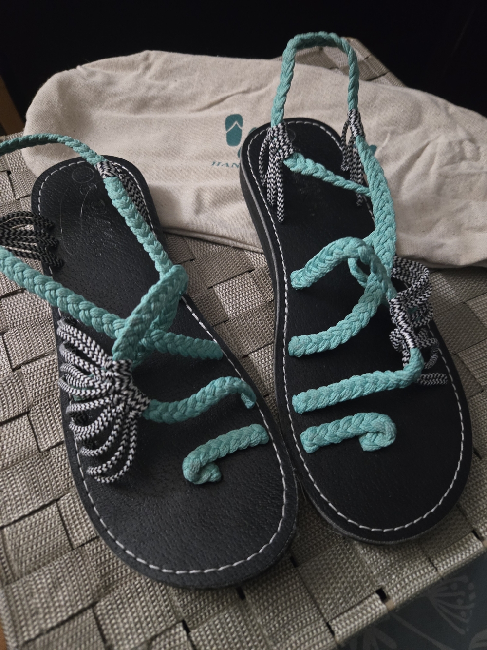 Plaka Handmade Braided Teal and Black Women's Sandals